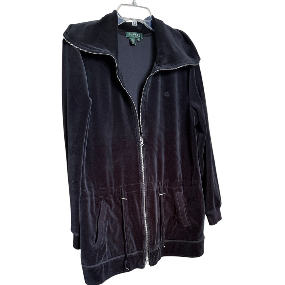 Lauren Ralph Lauren Black Velour Full Zip Jacket Drawstring Waist Womens XL